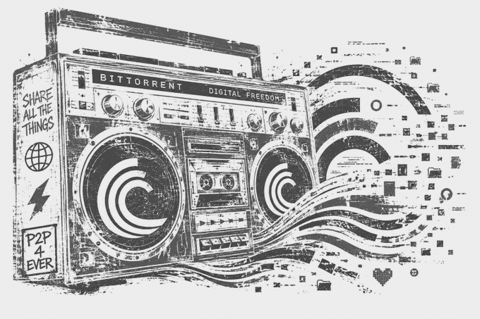 A black-and-white illustration depicts a retro boombox labeled "BITTORRENT" and "DIGITAL FREEDOM," with side text reading "SHARE ALL THE THINGS" and "P2P 4 EVER," as file icons and a Wi-Fi signal dissolve outward—symbolizing the nostalgic roots of peer-to-peer file sharing and its evolution toward decentralized Web3 technology.