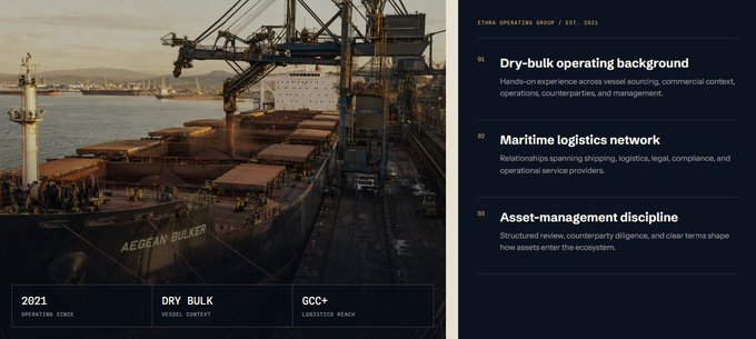 A large dry-bulk vessel labeled "AEGEAN BULKER" is docked at a port with cranes loading cargo, paired with text describing Ethra Operating Group's (EST. 2021) expertise in dry-bulk operating background, maritime logistics network, and asset-management discipline across the global shipping ecosystem. The image supports the post's point by visually reinforcing how Ethra tokenizes tangible, revenue-generating shipping infrastructure—turning real-world bulk carrier operations into on-chain investment opportunities.