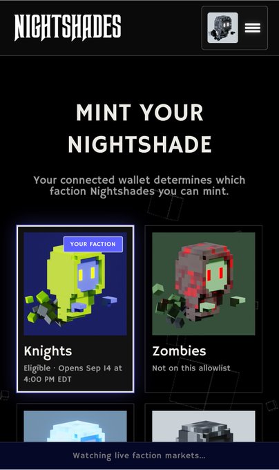 The image shows the "NIGHTSHADES" NFT minting page with options for Knights (eligible, opens Sep 14 at 4:00 PM EDT) and Zombies (not on this allowlist) factions, tying into the post's mention of four levels of darkness to choose from. The page indicates wallet-based faction selection, with a "Watching live faction markets..." status at the bottom.
