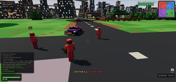 A screenshot from a Roblox game called 'North Side' shows blocky red characters standing around a purple car labeled 'Luka' on a city street, with a score of $00000300 displayed.