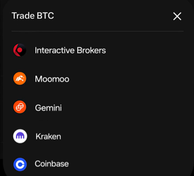 A mobile app screen titled 'Trade BTC' showing a list of cryptocurrency exchange options: Interactive Brokers, Moomoo, Gemini, Kraken, and Coinbase, each with their respective logos.