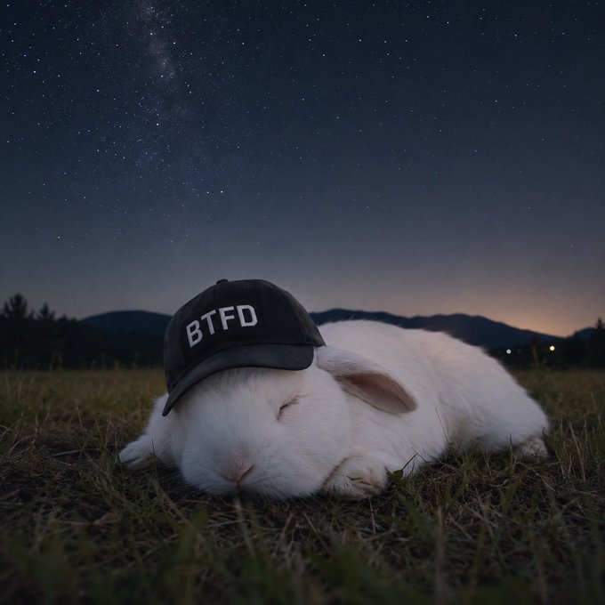 A white rabbit sleeps peacefully on grass at night wearing a black cap with 'BTFD' printed on it, under a starry sky with the Milky Way visible.