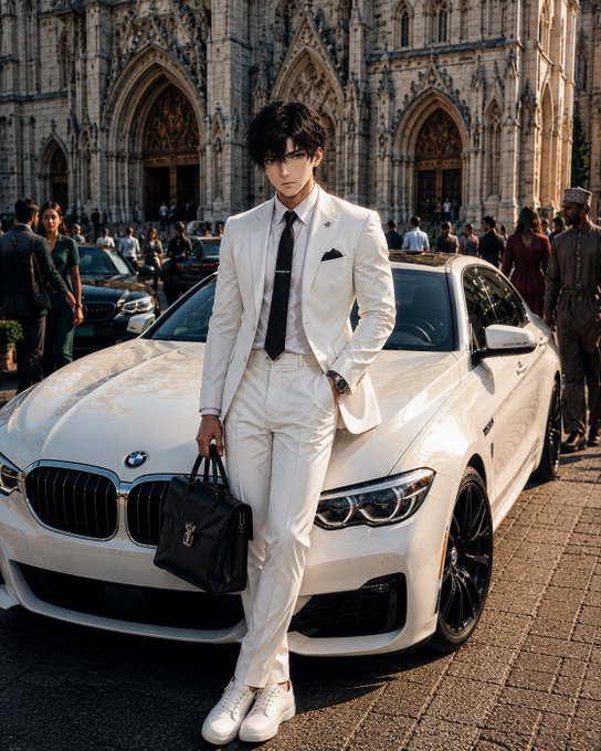 A stylish anime-style young man in a white suit and black tie stands beside a white BMW, holding a black briefcase with a gothic cathedral and crowd in the background.