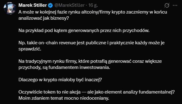 Tweet in Polish from Marek Stiller (@MarekStiller) discussing fundamental analysis of crypto companies based on their on-chain revenues.