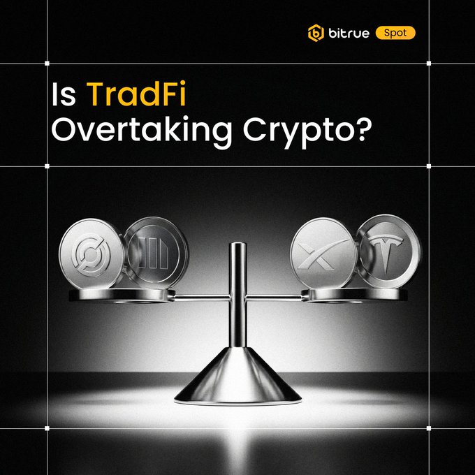 The image features a metal coin balancing scale positioned on a table against a black background with a text overlay that reads "Is #tradfi overtaking #crypto?". The image also includes three different types of coins placed on either side of the balance, representing Bitcoin and Ethereum tokens, showing how each token has its own value depending on their current market worth. This visual comparison serves to highlight the potential trading opportunities available for those who understand and utilize cryptocurrency.