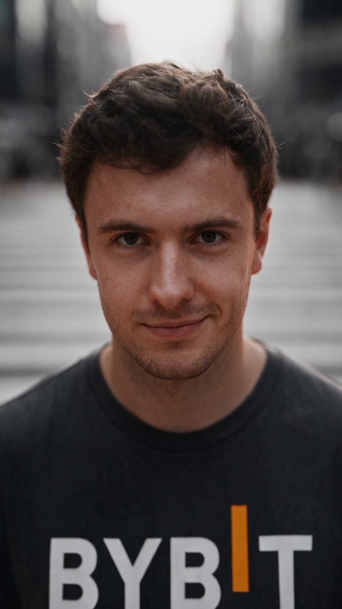 A young man with curly brown hair and light stubble smiles subtly while wearing a black Bybit t-shirt, with the orange and white "BYBIT" logo clearly visible. The image pairs with the caption "The world moves fast. Move smarter with Bybit 🧡," reinforcing the brand's smart, forward-thinking image through a confident, approachable portrait.