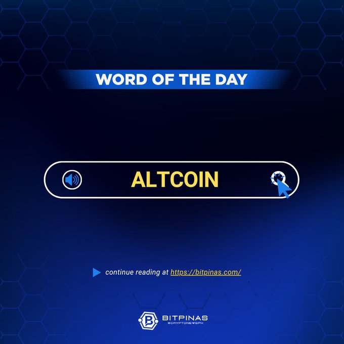 A blue graphic displays 'WORD OF THE DAY' featuring the word 'ALTCOIN' and a link to continue reading at 'https://bitpinas.com/' with the 'BITPINAS' logo at the bottom.