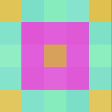 An abstract geometric image composed of concentric squares in vibrant magenta, pink, teal, green, and yellow hues.
