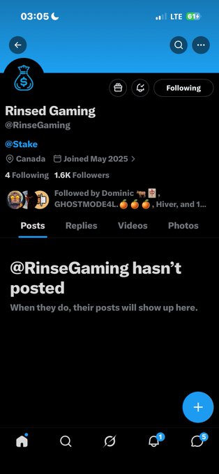 A Twitter/X profile page for @RinseGaming with 1.6K followers, based in Canada, following 4 accounts. The account associated with Stake has not posted yet.