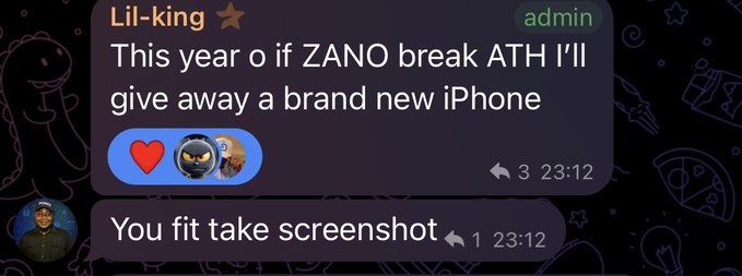 A Telegram chat screenshot showing admin user 'Lil-king' promising an iPhone giveaway if ZANO breaks ATH, followed by a reply 'You fit take screenshot' at 23:12.