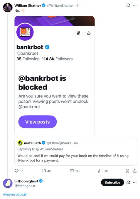 A screenshot of a tweet by William Shatner showing that the bot account @bankrbot has blocked him, with a reply from @EthmojiPunks asking to pay for his book using the bot.