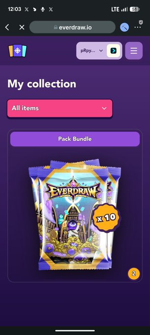 Screenshot of a mobile web page for "everdraw.io" showing "My collection" with an "All items" tab and a "Pack Bundle" card featuring fantasy artwork and a "x10" label.