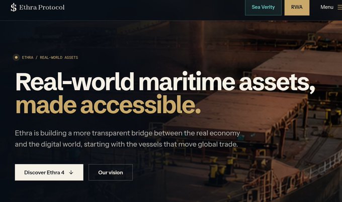 A screenshot of the Ethra Protocol website displays the headline "Real-world maritime assets, made accessible," highlighting their RWA (Real-World Assets) platform with a port background. The image relates to the post by emphasizing Ethra's focus on maritime infrastructure transparency, particularly relevant to tracking vessels through critical corridors like the Strait of Hormuz.