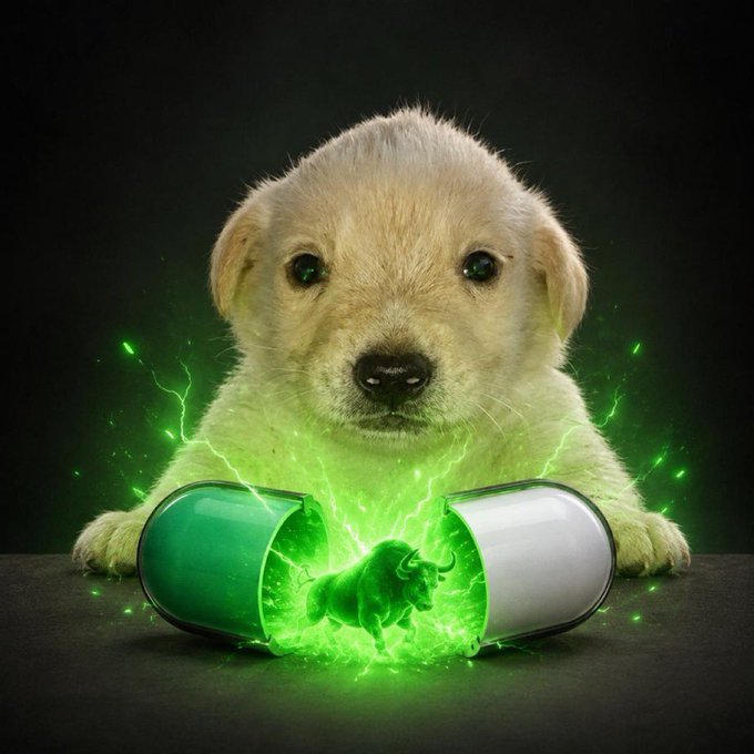 A golden retriever puppy peers over a shattered pill capsule that is releasing a glowing green energy with a bull silhouette inside, surrounded by green lightning against a dark background.