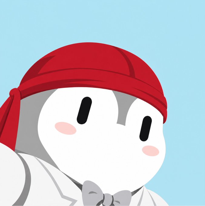 A cartoon mascot character with a white face, pink blushing cheeks, and a red bandana or head covering, shown against a light blue background.