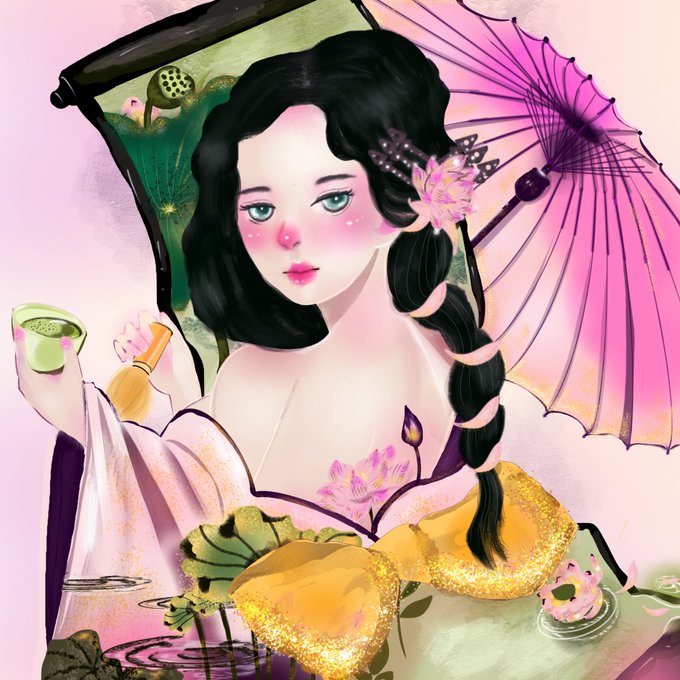 Digital illustration of a woman with long black braided hair and green eyes, holding a green tea cup and a pink parasol, adorned with lotus flowers and traditional Chinese attire.