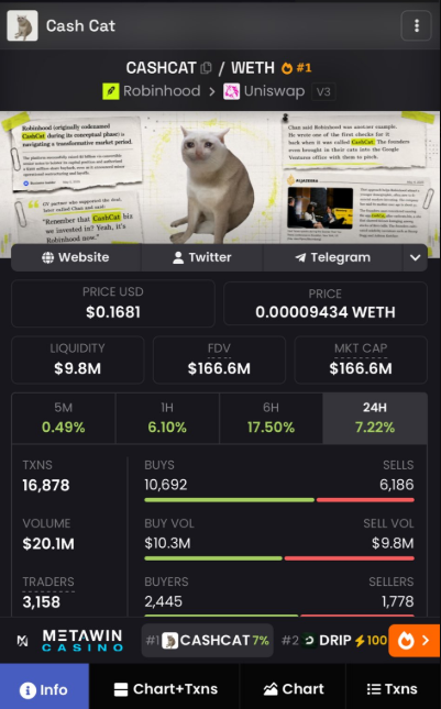 A cryptocurrency tracker page for CASHCHAT showing a price of $0.1681, market cap of $166.6M, and an image of a white cat, listed on Robinhood and Uniswap.