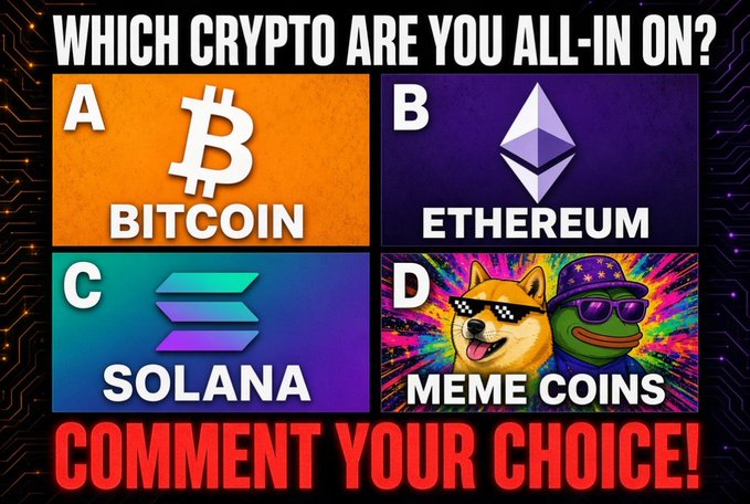 A multiple-choice meme asks 'WHICH CRYPTO ARE YOU ALL-IN ON?' with four options: A) BITCOIN, B) ETHEREUM, C) SOLANA, and D) MEME COINS, prompting viewers to 'COMMENT YOUR CHOICE!'.