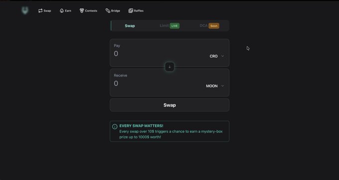 A screenshot of a dark-themed cryptocurrency swap interface with tabs for Swap, Earn, Contests, Bridge, and Raffles, set to swap CRO for MOON, featuring a 'Every Swap Matters' promotional message.