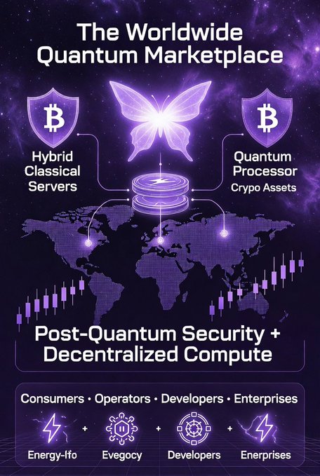 The image displays a purple-colored poster advertising a Quantum Marketplace that involves blockchain technology. The poster highlights its unique features, including Hybrid Classical Server Servers, Quantum Processor Computers, Post-Quantum Security & Decentralized Compute, Energy FFI, and Quicon Ledger. Each of these features is represented by corresponding icons. The text "The Worldwide Quantum Marketplace" reinforces the central theme, indicating the marketplace's focus on this specific field. The overall design and content suggest that this market facilitates transactions utilizing blockchain technology, pushing the boundaries in their respective sectors.