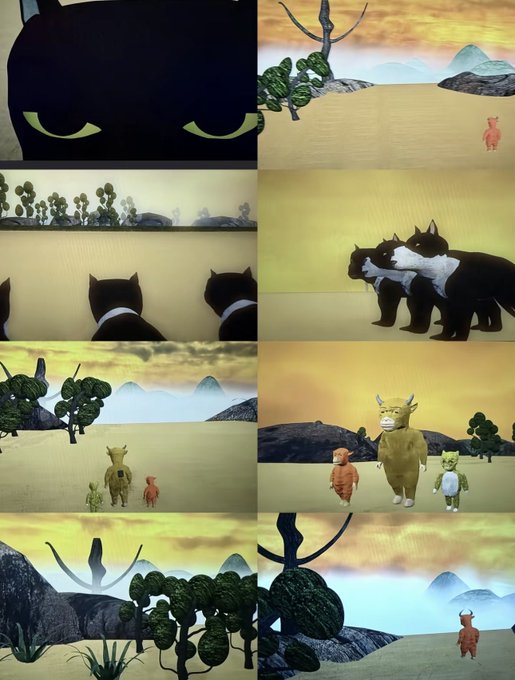 The image depicts a series of illustrated scenes featuring a large black bull-like creature with green eyes, alongside smaller horned figures (appearing to be cattle or oxen) in a stylized landscape with trees and mountains, rendered in a claymation or paper-craft aesthetic. The imagery appears to be a metaphorical or allegorical representation that complements the post's discussion of "Niulai" (牛来), where "牛" means "bull" in Chinese—the bull figures visually reinforce the literal translation "The Bull is Coming" mentioned in the caption.