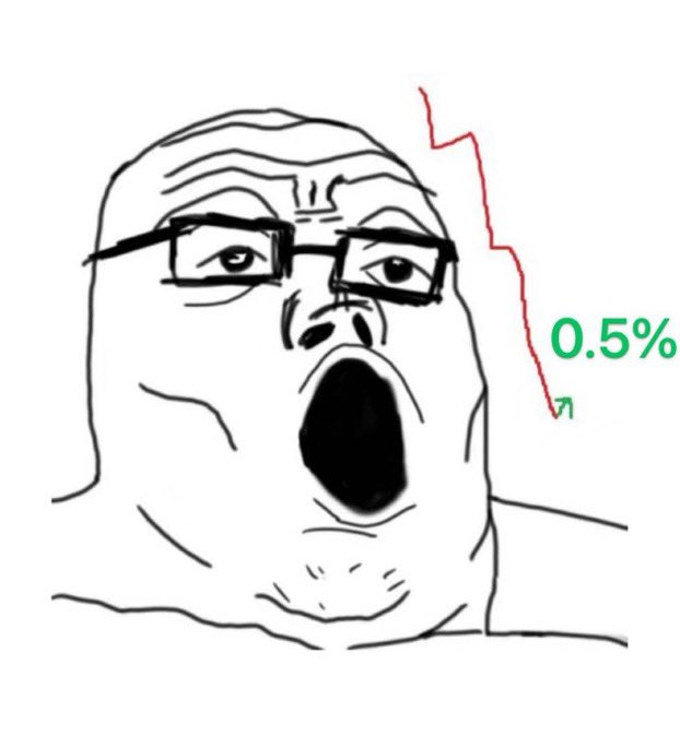 A "Soyjak" meme face with a shocked expression and "0.5%" labeled with an arrow pointing down, humorously exaggerating the post's lament about the market being so stagnant that even a small 0.5% drop feels shocking, let alone a 5% move.