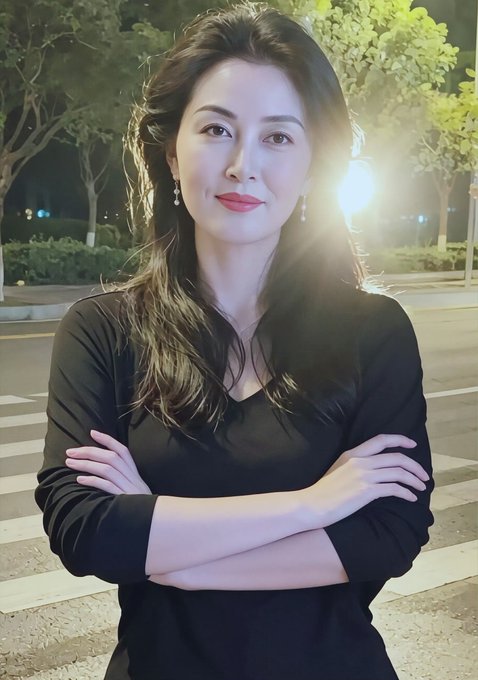 A young woman with long dark hair stands confidently with arms crossed on a crosswalk at night, wearing a black long-sleeved top and earrings. Her serene, radiant smile aligns with the caption's praise of her as embodying peace and prosperity, suggesting she is the subject being described as a blessing to her future partner.