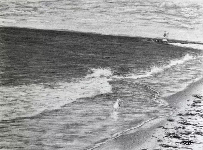 A black-and-white photograph showing a lone seagull standing at the water's edge on a beach, with gentle waves and a small lighthouse or structure visible in the distance.