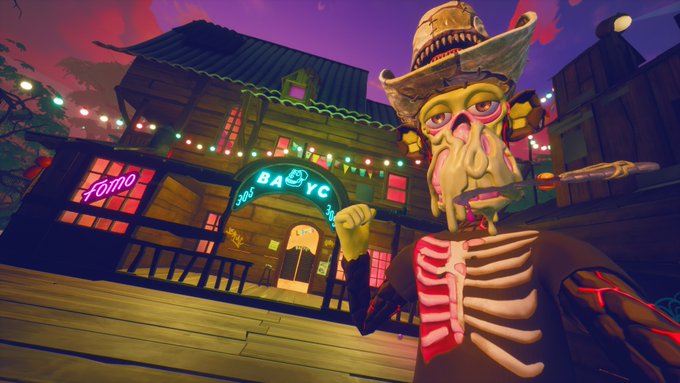 A stylized 3D scene featuring a character with a skull-like face and cowboy hat standing in front of a neon-lit building with signs reading 'FOMO' and 'BABYC' under a purple sky.