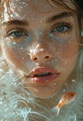 A digital artwork portrait shows a young woman's face with blue eyes and water droplets on her skin, with a small goldfish swimming beneath her chin.