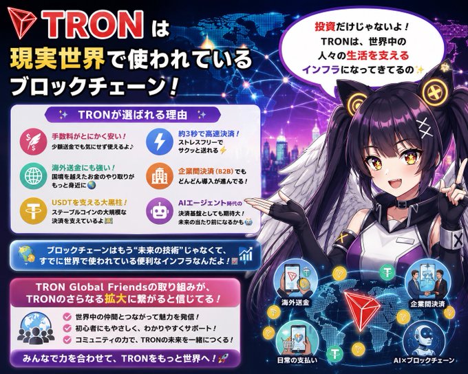 A Japanese-language promotional poster for TRON blockchain featuring an anime-style character and highlighting reasons TRON is chosen, including low fees, fast transactions, global remittance, enterprise solutions (B2B2C), USDT support, and AI agent compatibility.