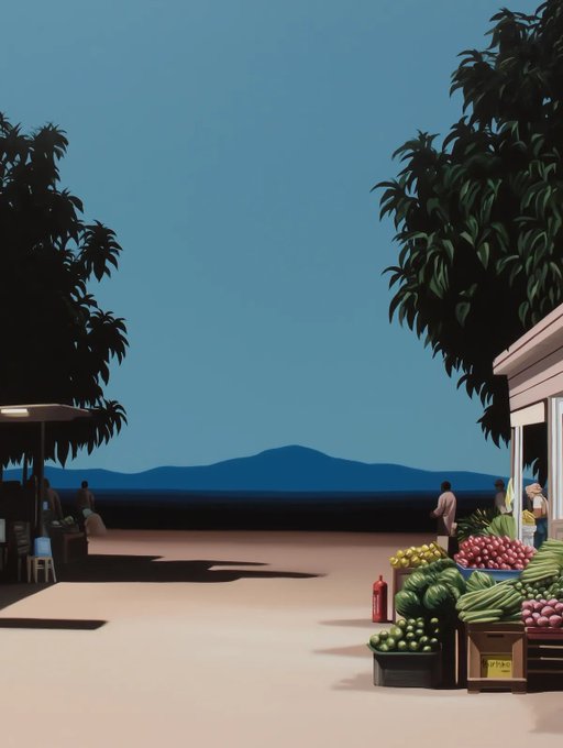 A digital illustration of a fruit and vegetable market at dusk, with people near produce stalls and a dark mountain silhouetted across the water.