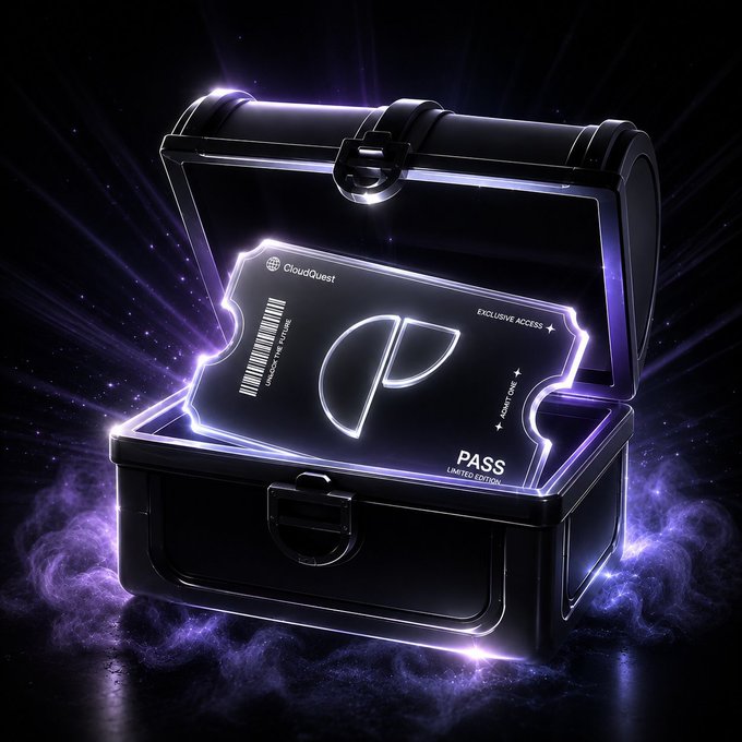 A sleek black treasure chest glowing with purple cosmic mist opens to reveal an exclusive "CloudQuest NFT PASS" limited edition card, visually representing the giveaway prize of an NFT pass valued at 0.008 ETH for followers of @CloudquestASIA, with winners to be selected by @grok after 24 hours.