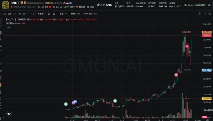 A trading chart for BNUT (BNUT·1·GMGN) showing a price of ¥925.59 with a sharp upward spike to ¥0.9701, displayed on a dark interface.