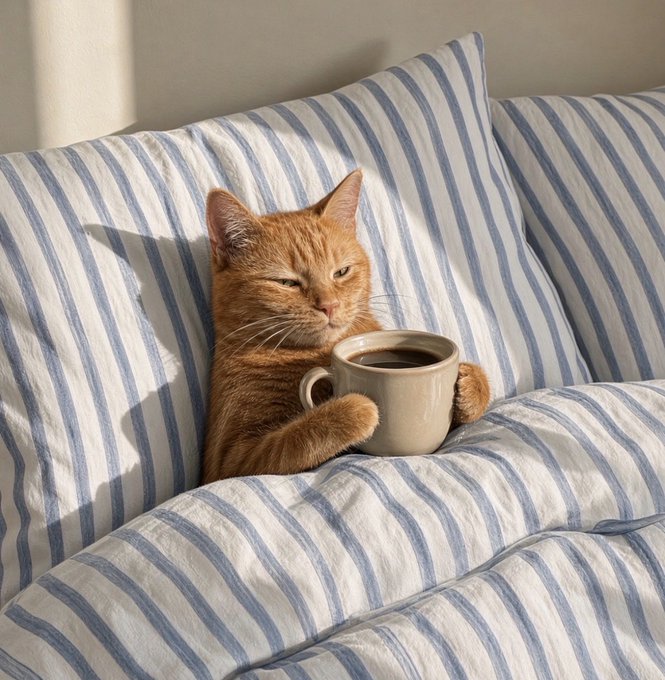 An orange cat nestled between striped pillows on a bed, holding a beige coffee mug.