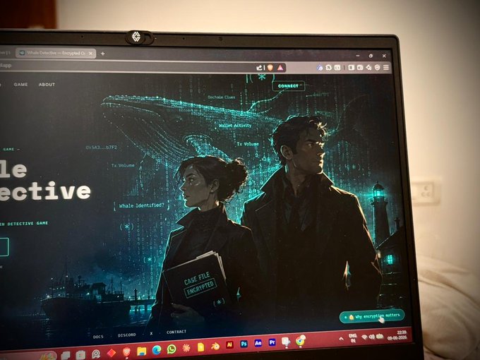 The image shows an open laptop screen displaying a webpage with a character drawing from a book, possibly "leaky detective" or another mystery novel. The background features a cityscape with buildings and a lighthouse. The text on the screen reads "leaky detective", which is likely related to the character in the image.