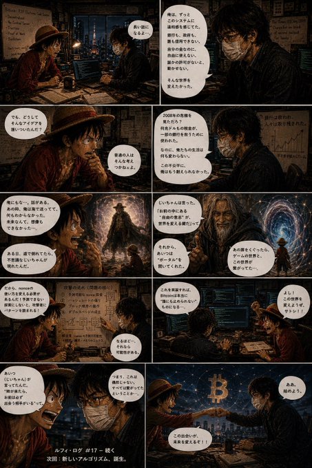 A Japanese manga page featuring two characters conversing, with references to 2008, anonymous, and Bitcoin (B), depicting a discussion about predicting the future and various scenarios.