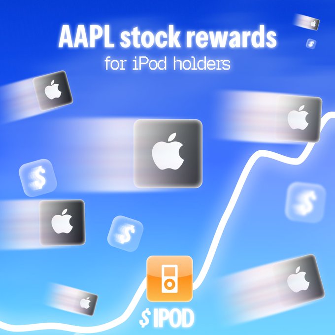 A promotional graphic titled "AAPL stock rewards for iPod holders" showing Apple logos, dollar signs, and an orange iPod icon floating over a blue background with a white line graph trending upward.