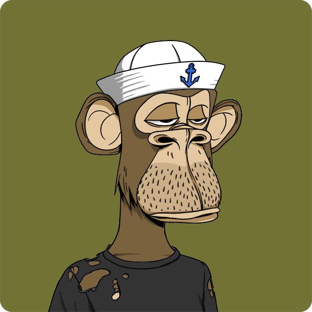 A cartoon illustration of a Bored Ape-style monkey wearing a white sailor hat with a blue anchor emblem, against an olive green background.