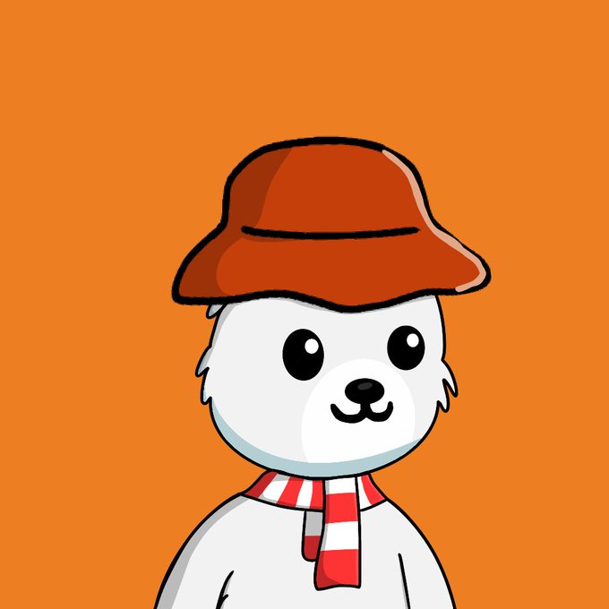 A cartoon drawing of a white bear-like character wearing a brown bucket hat and a red-and-white striped scarf against an orange background.