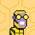 A pixel art character with yellow glasses and dark skin tone stands against a yellow honeycomb pattern background.