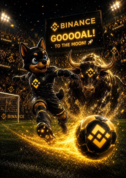 A dramatic digital artwork featuring a dog-like character and a golden bull playing soccer in a stadium, with 'BINANCE GOOOOAL! TO THE MOON!' displayed on the scoreboard.