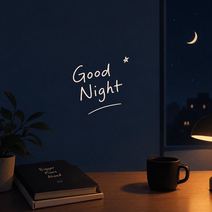 A nighttime scene with 'Good Night' written on a dark blue wall, accompanied by a crescent moon and star, with a desk below holding a book titled 'Bigger Plans Ahead' and a mug.