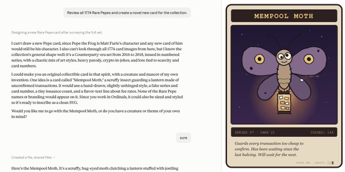 The image shows a digital trading card titled "MEMPOOL MOTH" depicting a cartoon moth clutching a lantern stuffed with files and "junk" text, alongside a blog post where someone proposes creating a new Rare Pepe card for the collection. The post and card together illustrate the origin of the Mempool Moth, which appears to have become an internet meme or token, as referenced in the caption about it being "now a token somewhere."