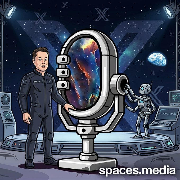 A cartoon illustration depicts a man in a 'SPACEX' uniform standing next to a portal device showing a galaxy, with a robot assistant and 'spaces.media' text at the bottom right.