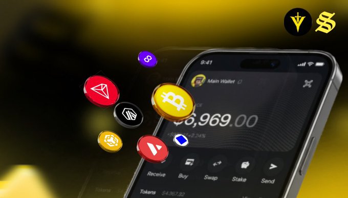 A smartphone displays a crypto wallet app called "Main Wallet" showing a balance of "6,969.00" USDC, with various cryptocurrency coin icons (Bitcoin, Polygon, Avalanche, etc.) floating around it against a yellow background.