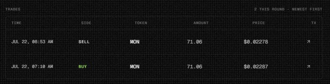 A trading interface displaying two recent trades of 71.06 MON tokens—a SELL at $0.02278 on July 22 at 8:53 AM and a BUY at $0.02287 at 7:10 AM.