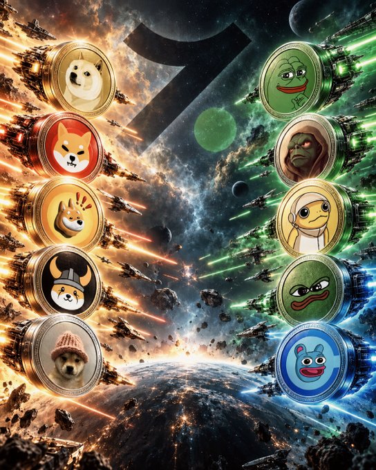 The image depicts a dramatic space battle between meme coins, with Dogecoin and Shiba Inu (Shib) tokens arrayed on the left facing off against Pepe and other frog-themed coins on the right, circling above a war-torn Earth. The post's caption "One frog stands above the rest" is visually reinforced by the prominent placement of the green Pepe coin at the top right corner, towering above the other meme coin combatants in the cosmic showdown.