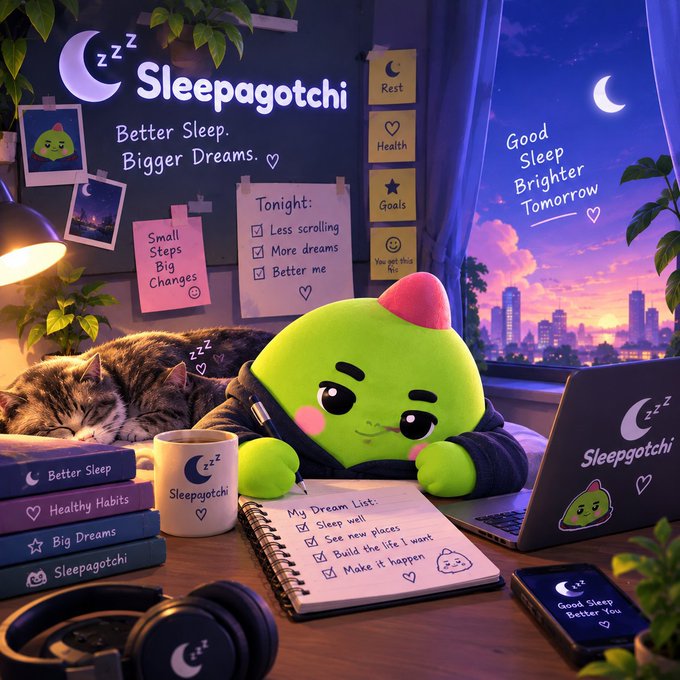 A promotional image for 'Sleepagotchi' featuring a cute green mascot character at a desk with a notebook titled 'My Dream List' (with items like 'Sleep well', 'See new places', 'Build the life I want', 'Make it happen'), surrounded by branded merchandise, a sleeping cat, and motivational text including 'Better Sleep. Bigger Dreams.' and 'Good Sleep Brighter Tomorrow'.