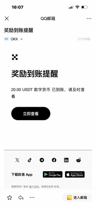 A mobile email screenshot from QQ邮箱 showing a '奖励到账提醒' (Reward Deposit Notification) from OKX about 20.00 USDT arriving, with an '立即查看' (View Now) button.